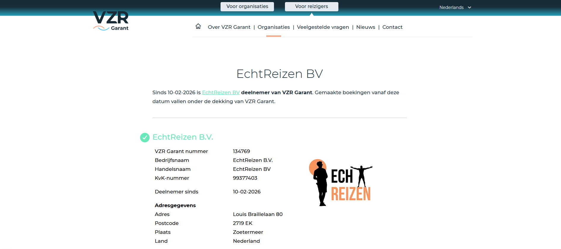 EchtReizen deelnemer van VZR garant