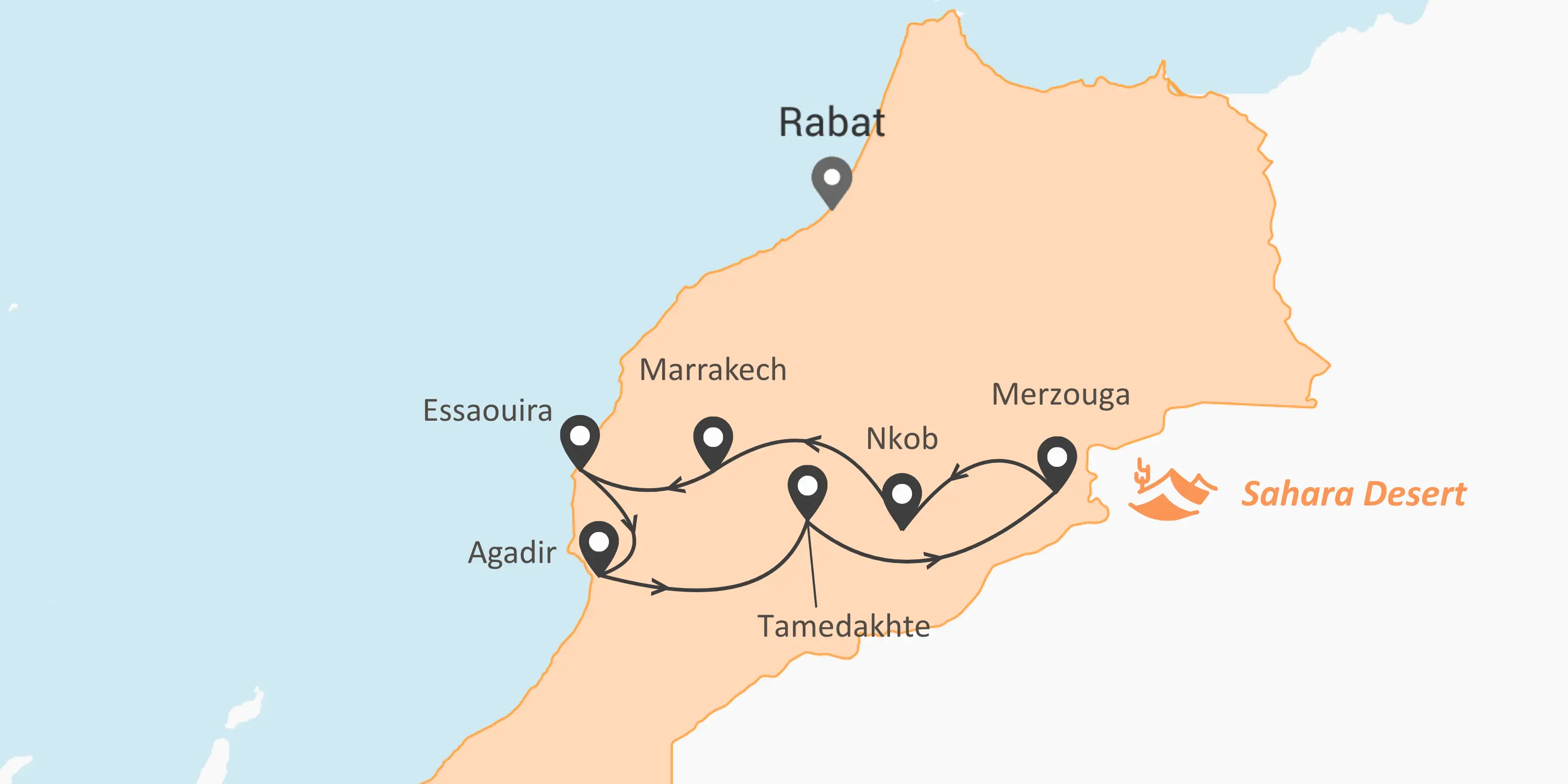 Route kaart Rondreis Marokko 8 dagen - Het échte Marokko